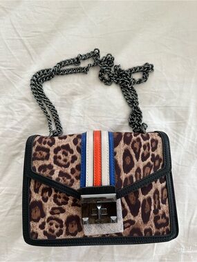 Aldo Leopard Print Crossbody with Blue, White & Orange Stripe